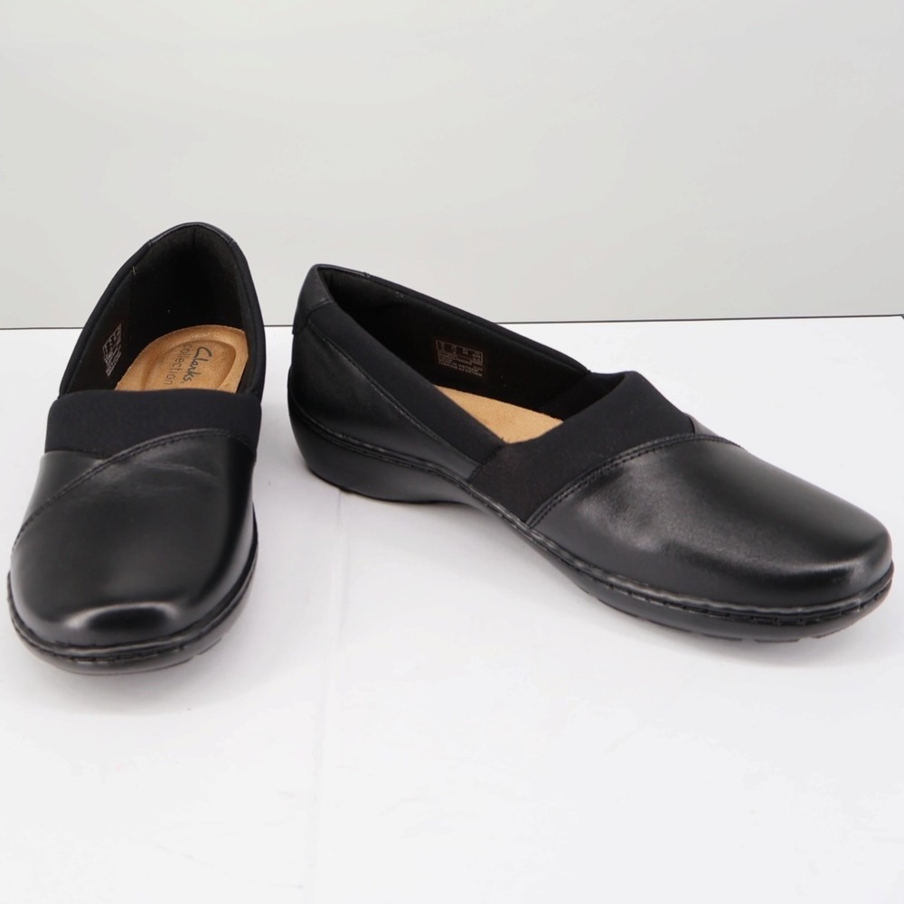 Clarks Cora Charm Black Leather Slip On Flats Wide Comfort Work Shoes 7.5 W Wide
